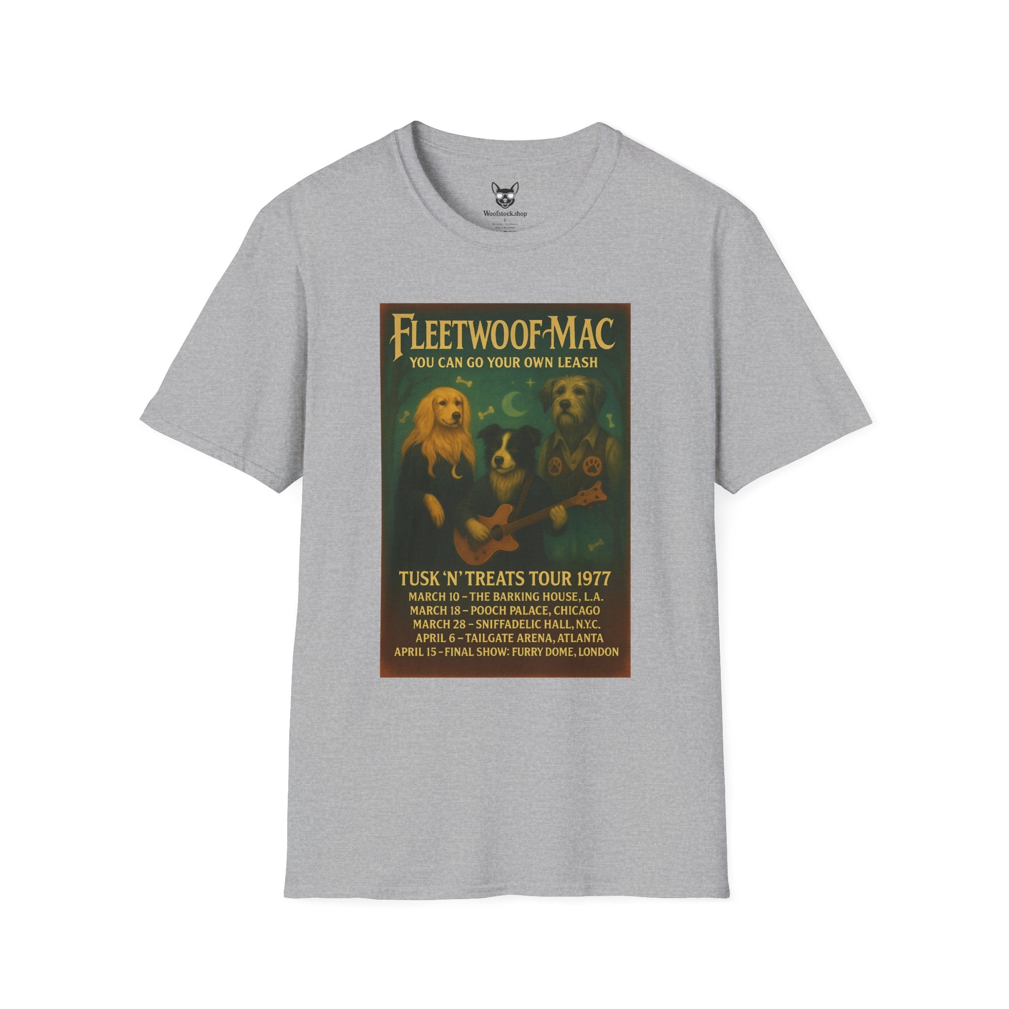 Fleetwood Mac Concert Poster Dog Parody Unisex Softstyle T-Shirt – Funny Tee for Music and Dog Lovers